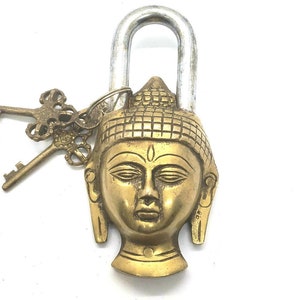 Handmade Brass Buddha Lock with two Keys from Nepal, Pad Lock, Home Decor, Vintage Locks, Antique Door Lock, Brass Padlock,Metal Safety Lock