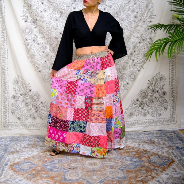 Patchwork Long Cotton Skirt with Pockets, Summer Flowy Tiered Bohemian Skirt, Boho Hippie Fairy Skirt, Multicolor Festival Maxi Skirt