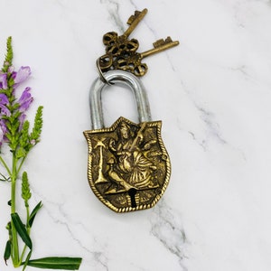 Handmade DurableBrass Saraswoti Lock with Two Keys,Antique Om Locks,Pad Lockswith Maa Saraswoti Idol,Antique Finish Security Locks,Homedecor