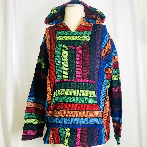 Katoenen Iguana jas, Mexicaanse Baja hoodie, Mexicaanse trui, Mexicaanse poncho, Baja jas in regenboog, hippie Gheri hoodie, hoodie voor unisex