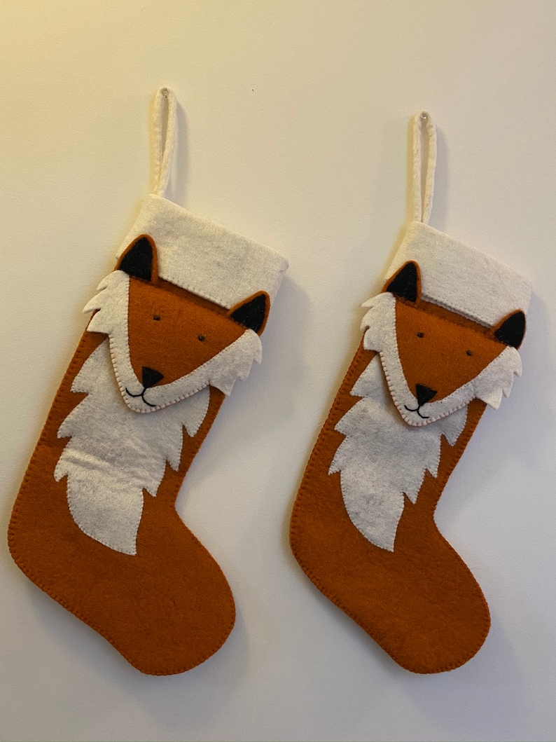 Handmade Felt Wool Animal Christmas Stocking from Nepal, Reindeer Sheep Bear Fox Felt Stocking, Felt Decor, Christmas Decor, Felt Christmas Fox