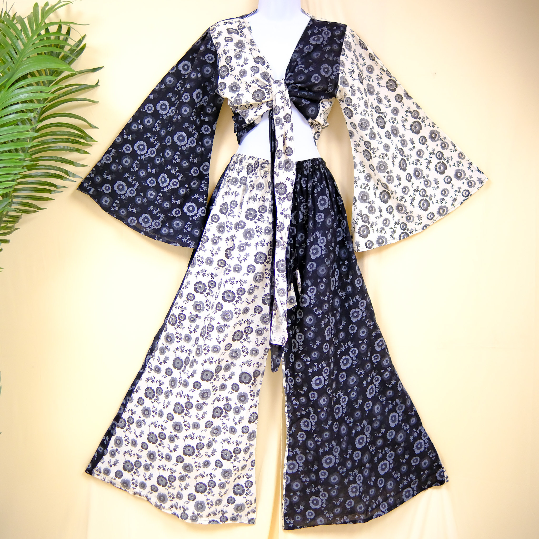 Patchwork Cotton Palazzo Pants, Wide Leg Colorful Festival