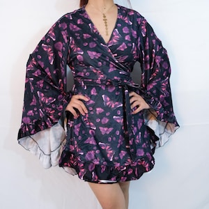 Robe portefeuille bohème papillon, tenue de fée à manches à volants, mode festival, ambiance sorcière, manches longues à volants robe d&#39;été, style rétro, mini robe