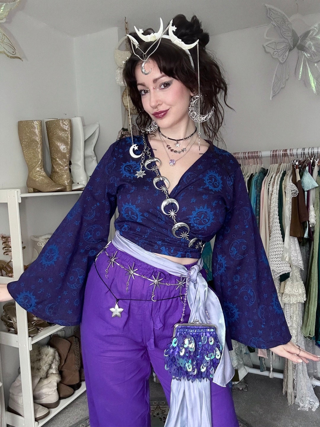春早割 Celestial Print Boho Bell Sleeve Top, Festival Wrap Crop Top トップス