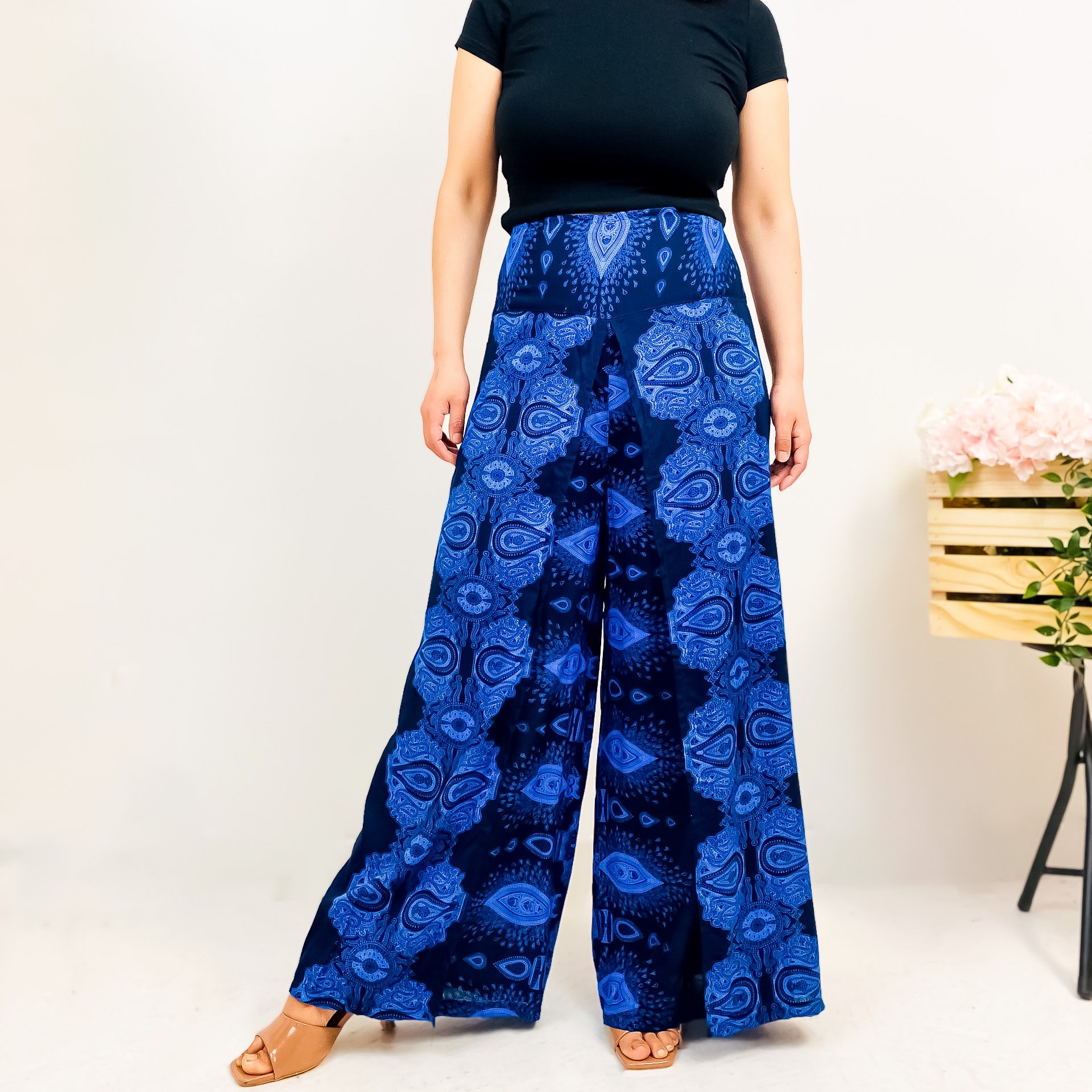 BLUE HIGH WAISTED Palazzo Pants Petite Small to Plus Sizes Wide