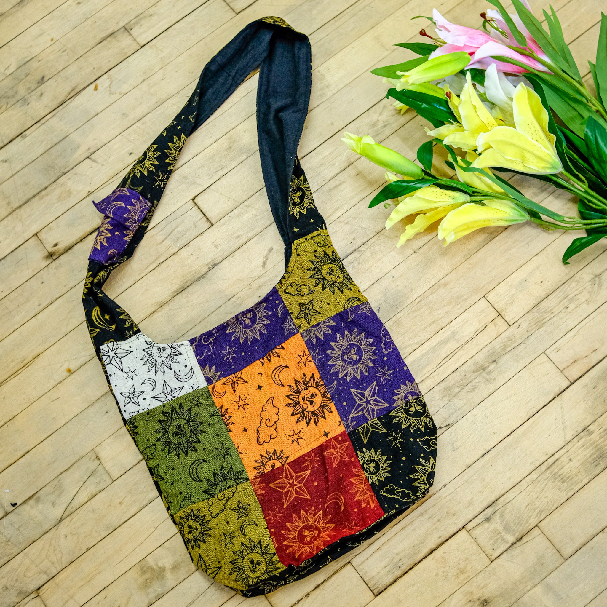 Patchwork Messenger Bag, Celestial/whimsical Cotton Hobo Bag