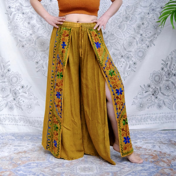 Fließende Hose mit weitem Bein, Hoher Schlitz Palazzohose, Boho Hose aus Baumwolle, Seitenschlitz Hose, Yogahose, Hippie Tanzhose, Boho Sommerhose