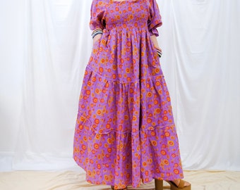 Vestido de algodón fluido con estampado de bloques y bolsillos, traje cottage core, vestido de verano con bolsillos, estilo hippie, vestido floral largo, traje boho