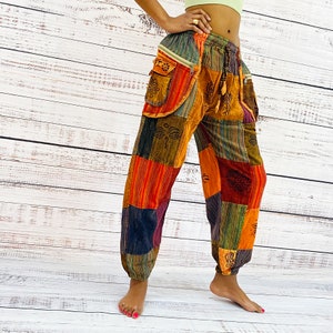 Pantalon patchwork hippie, sarouel en coton bio, pantalon d'été, pantalon bohème unisexe en coton, pantalon de yoga, pantalon de plage petite à grande taille Orange
