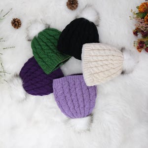 Cappello in lana lavorato a maglia con fodera in pile e pompon dal Nepal, cappelli in pelliccia sintetica, cappello all&#39;uncinetto, maglia a trecce, berretto unisex, caldi cappelli invernali spessi