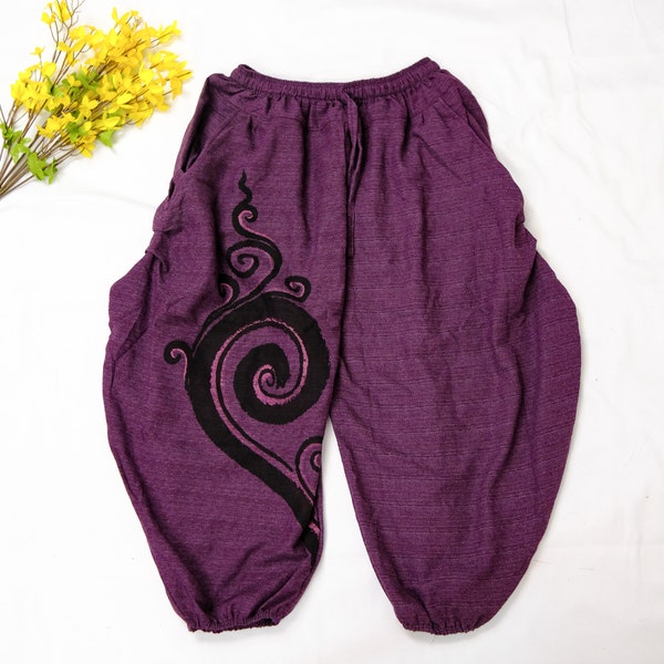 Haremshose aus Baumwolle mit Spiraldrucken, braun graue Hippiehose, Yogahose, Haremshose, Aladinhose, Ballonhose, Genie Hose, Sommerhose