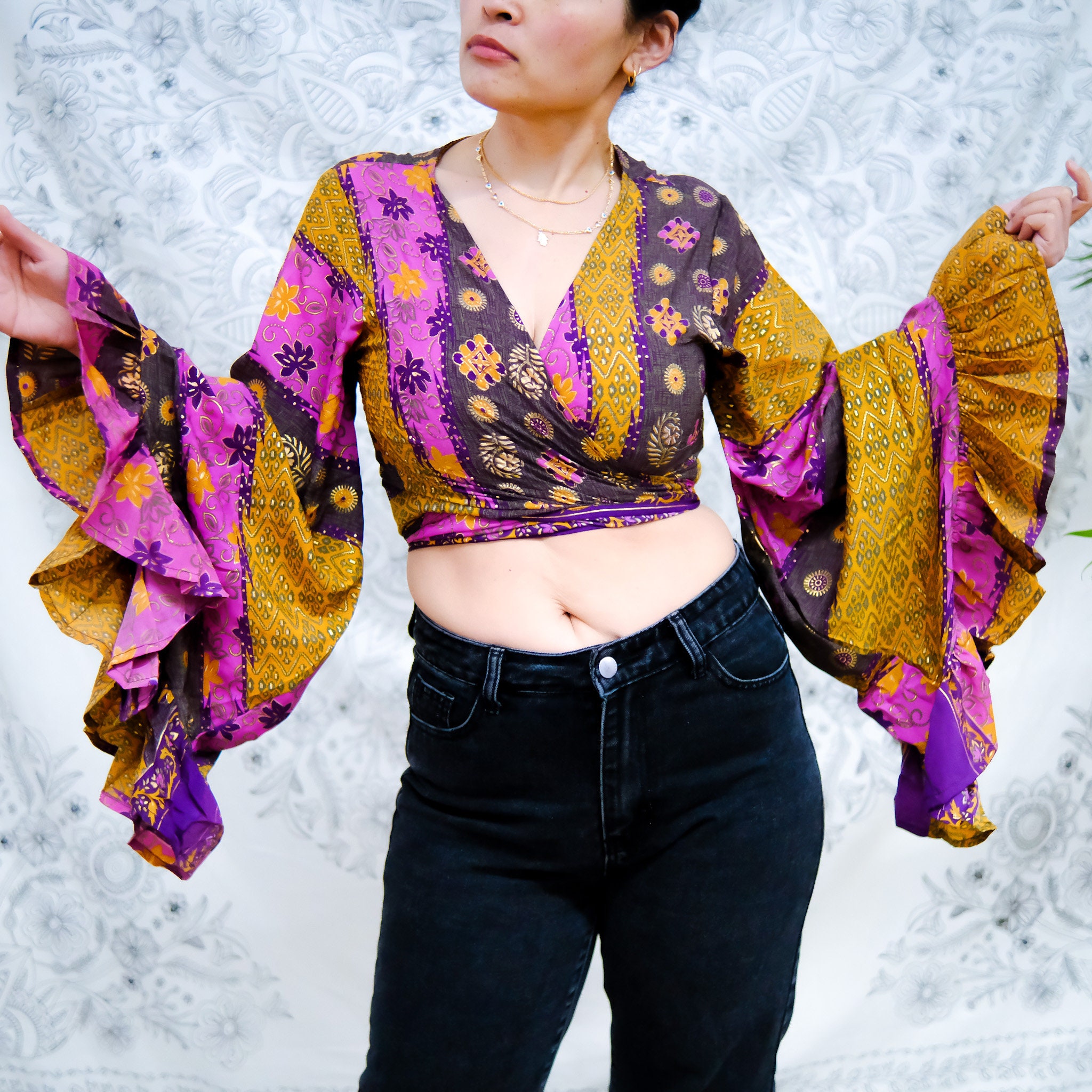 Bohemian Bell Sleeve Tie Top With Ruffle, Silk Vintage Wrap Bohemian Bell Sleeve Tie Top With Ruffle, Silk Vintage Wrap