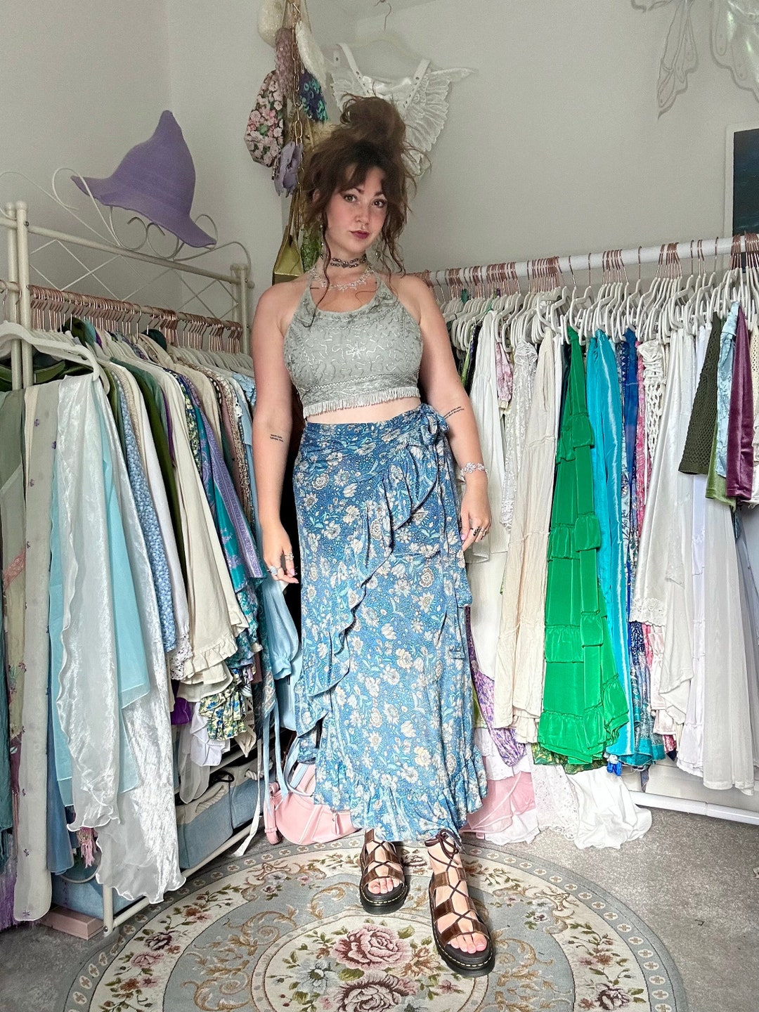 Paisley Wrap Skirt With Ruffle, Maxi Handmade Skirt, Daisy Flowy