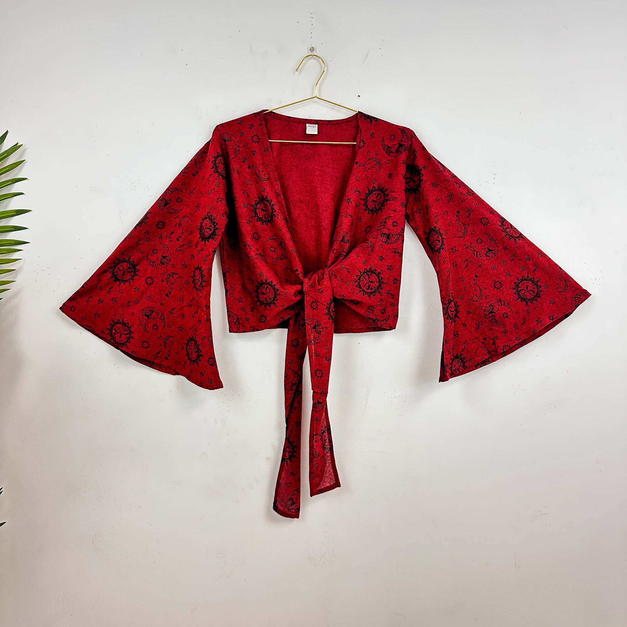 Celestial Print Boho Bell Sleeve Top, Festival Wrap Crop Top