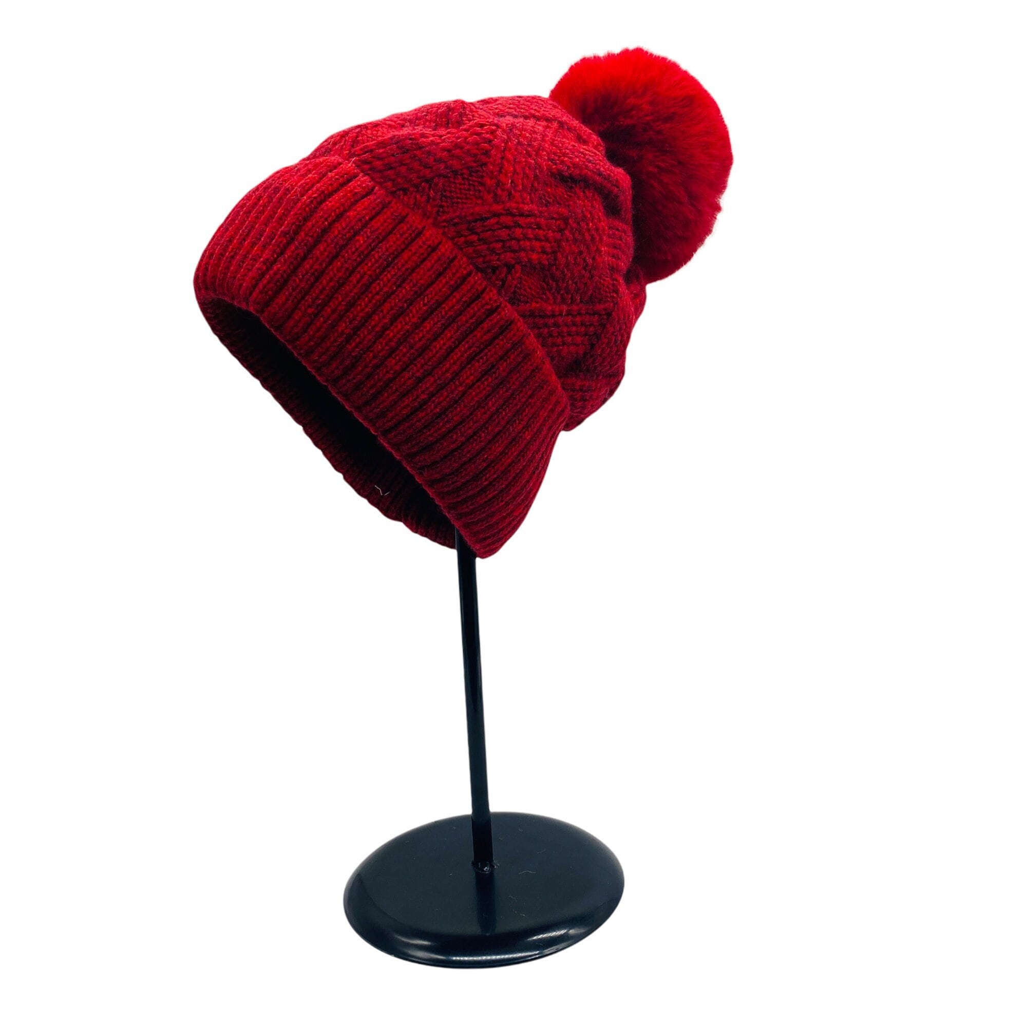 Knitted Pompom Hat, Beanie Hat, Crocheted Fleece Lined