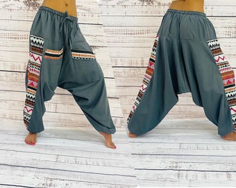 Pantalon sarouel unisexe de couleur unie avec poches, pantalon Boho, pantalon Aladdin en coton, pantalon de yoga fait à la main XS-1X, pantalon de festival pour femmes pour hommes