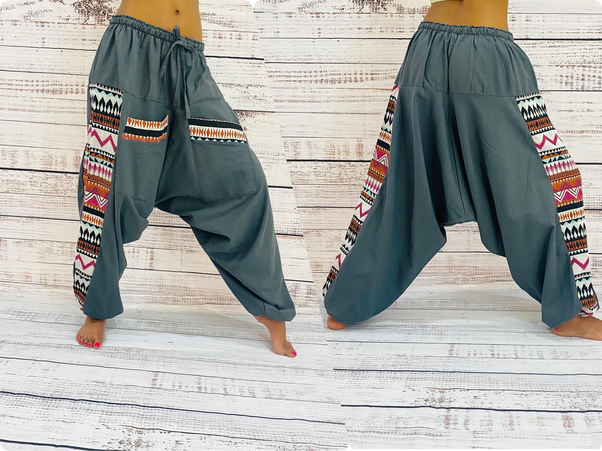 Unisex Solid Color Harem Pants With Pockets, Bohemian Pants
