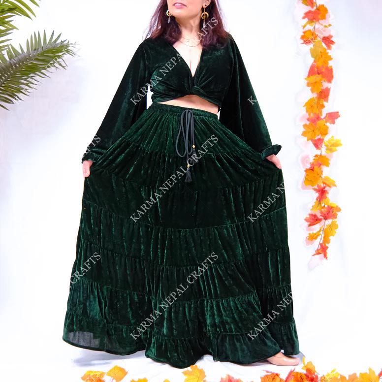 Bohemian Style Velvet Flowy Skirt, Maxi Skirt, Women 70s