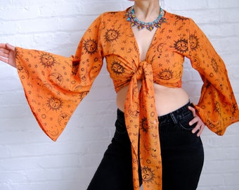 【BORDERSatBALCONY】FLARE SLEEVE TOP Celestial Print Boho Bell Sleeve Top, Festival Wrap Crop Top