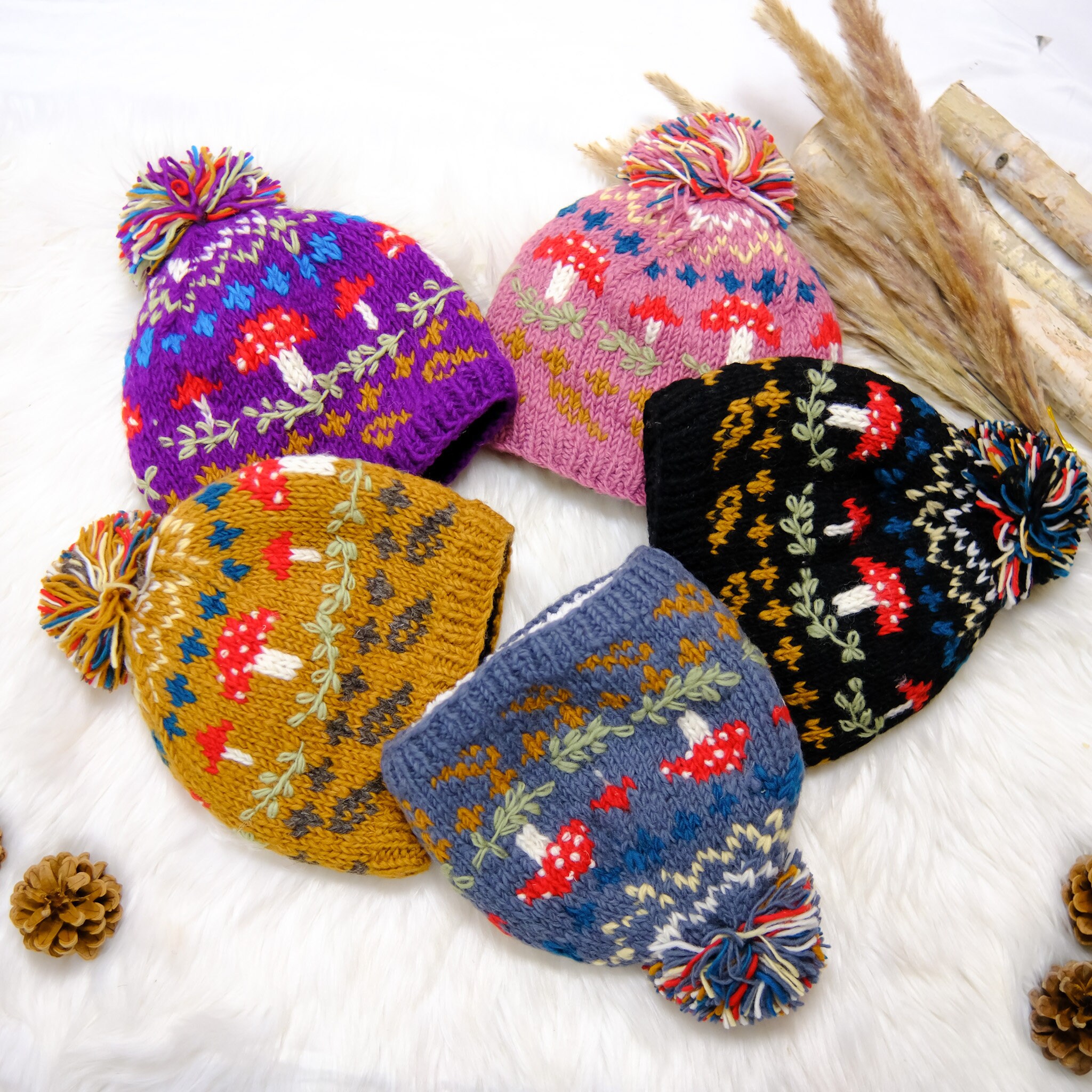 Women's Chunky Crochet Knitted Hat With Pom Pom & Flower Decor - Winter Warm Beanie, Hot Pink - View #5