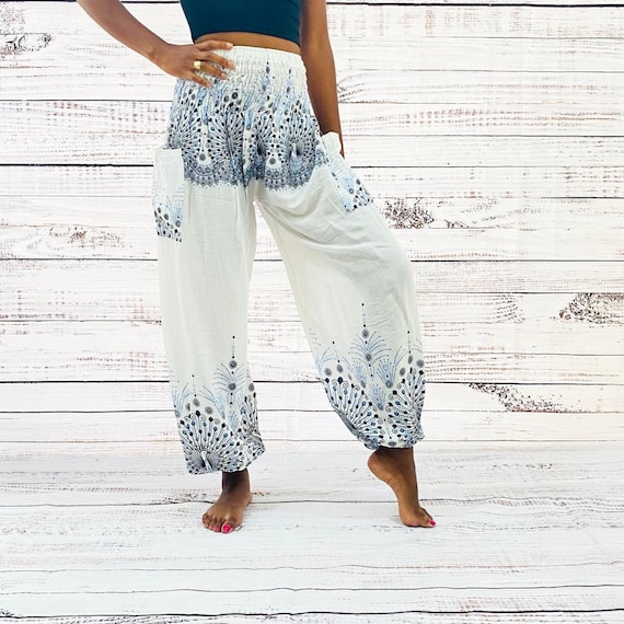 Harem Yoga Pants, Peacock Print, Small to XXL Summer Trousers, Light Weight  Beach Pants, Lounge Wear, Hippie Genie Pants, Bohemian Style 