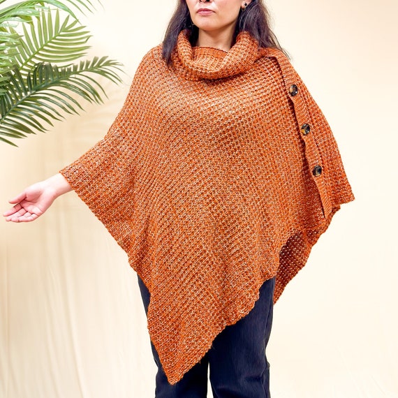 Knitted Turtle Neck Side Button Two Way Winter Poncho, Fall Spring