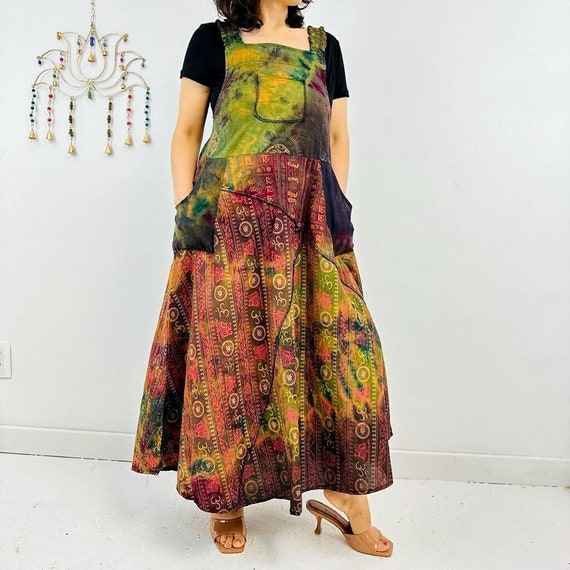 Long Hippie Patchwork Dress, Bohemian Dress With Recycled Fabrics, Tie-dye  Round Cotton Dress, Festival Style Floral Dress With Pockets 