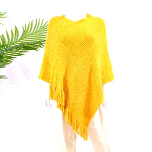 Hand Knit V Neck Winter Ponchos with Fringe, Winter Wraps,Winter Cape, Free Size Warm  Women Poncho, Crocheted Pullover, Grey, Yellow, Black