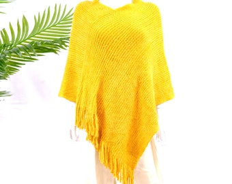 Hand Knit V Neck Winter Ponchos with Fringe, Winter Wraps,Winter Cape, Free Size Warm  Women Poncho, Crocheted Pullover, Grey, Yellow, Black