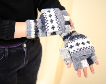 Guantes Himalaya Sherpa 100% lana handknit, manopla de invierno forrada de lana merino, guantes suaves cálidos, guantes unisex, guantes de esquí, negro/gris