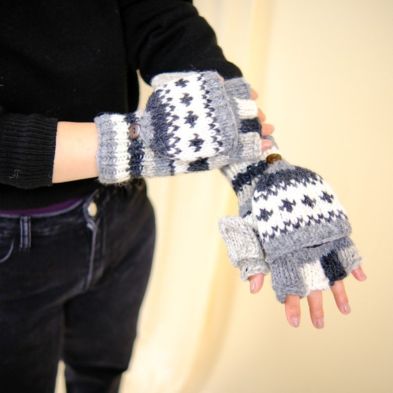 100% Wool Handknit Himalaya Sherpa Gloves, Merino Wool Fleece
