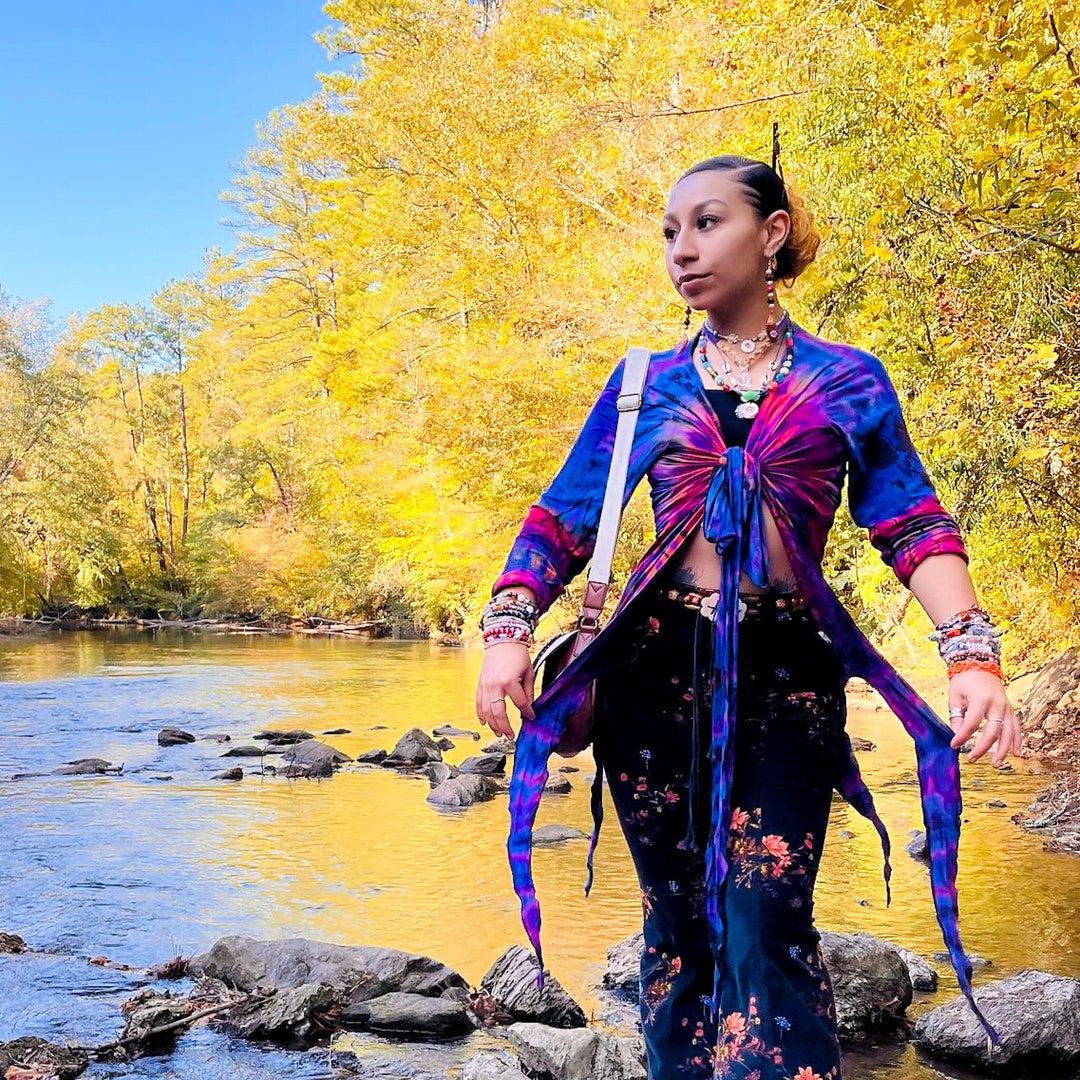 Tie Dye Wrap Top, Long Butterfly Style Spandex Wrap Top, Hippie Retro