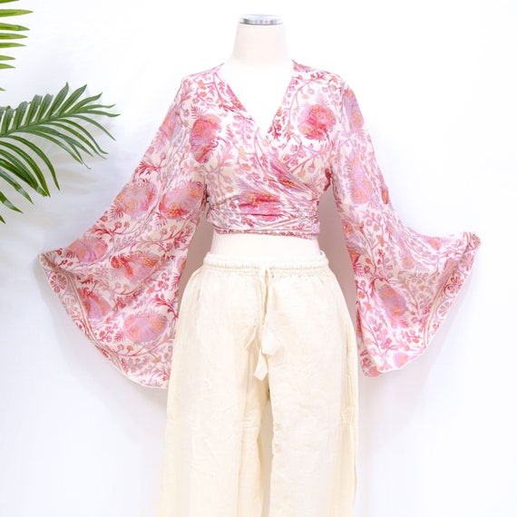 タイムSALE？‼️FOLKS THE LABEL Tie Top Patchwork Tie Top, 3- Way Bell Sleeve Tie Front Hippie Top