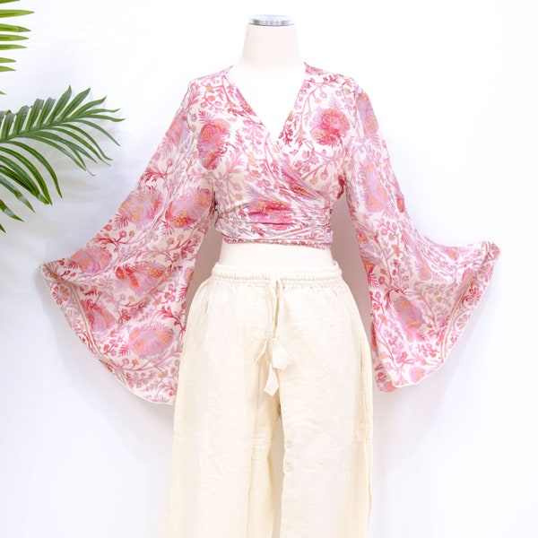 Patchwork  Tie Top, 3- Way Bell Sleeve Tie Front Hippie Top Silk Retro Style Top, Flare Sleeve Vintage Style Wraps, Festival Boho Crop Top