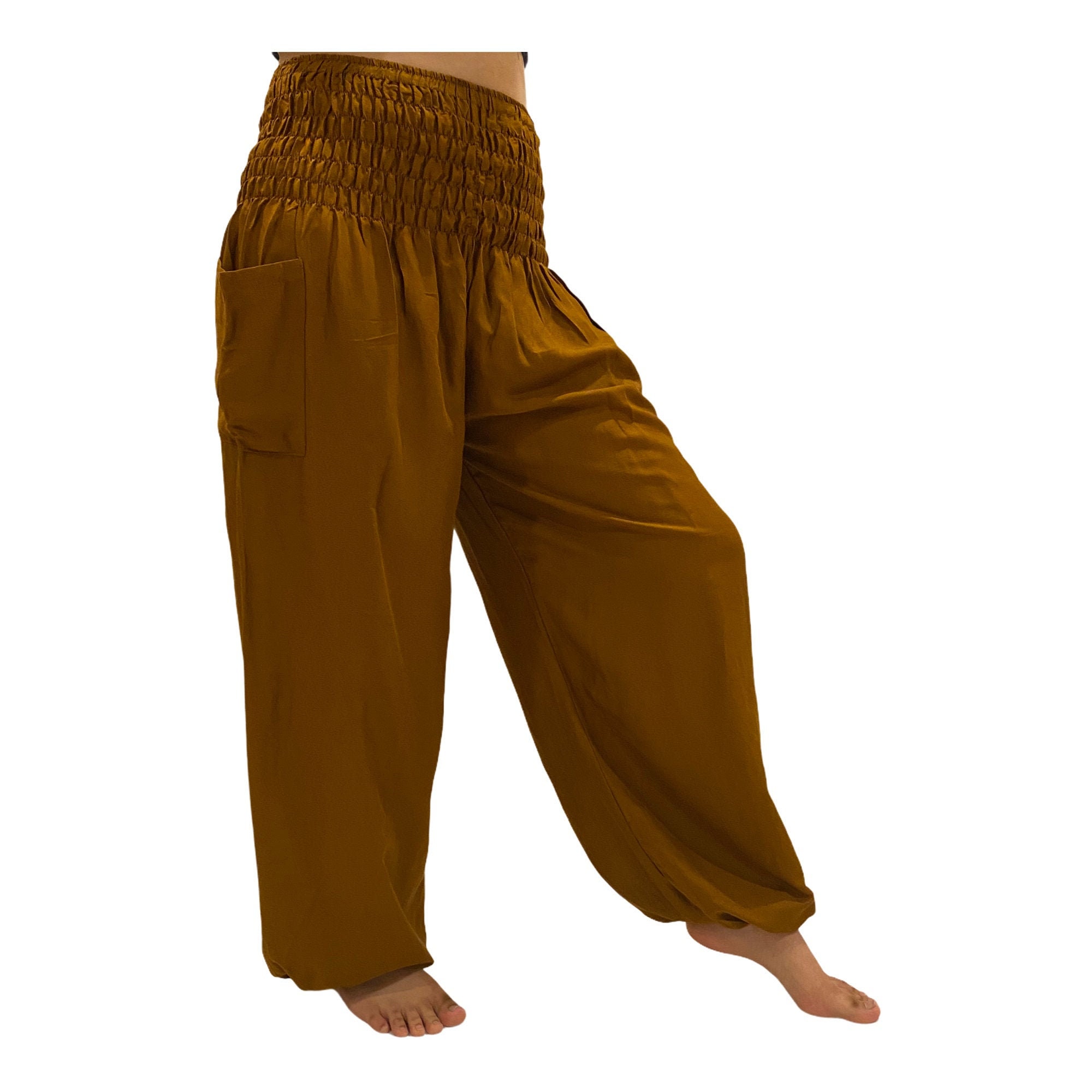 Solid Brown Low Cut Harem Pants - Lamsri Bohemian
