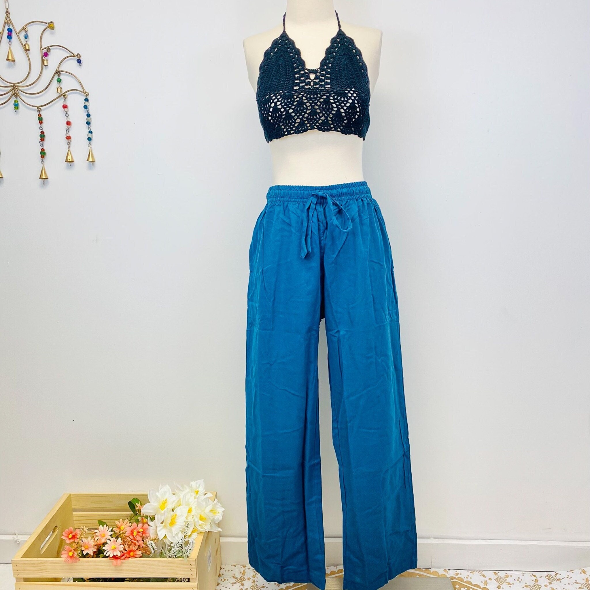 Nepali Cotton Solid Double Layer Palazzo Pants, Wide Leg Pants