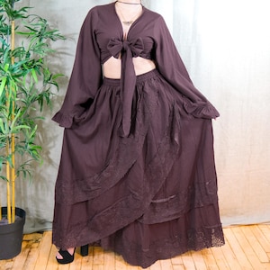 Cotton Flowy Maxi Skirt Set, Boho Lace Skirt, Flutter Skirt with Pocket, Bohemian Whimsical Outfit, Fairy Goddess Skirt, Slit Style