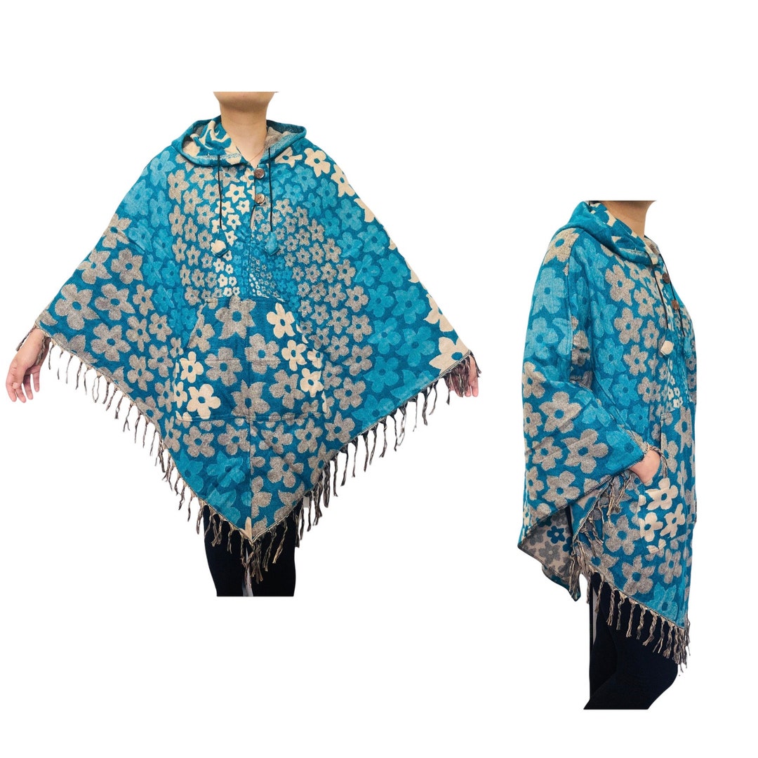 Winter Yak Wool Poncho With Hood and Pockets, Printed Woolen Ponchos ...