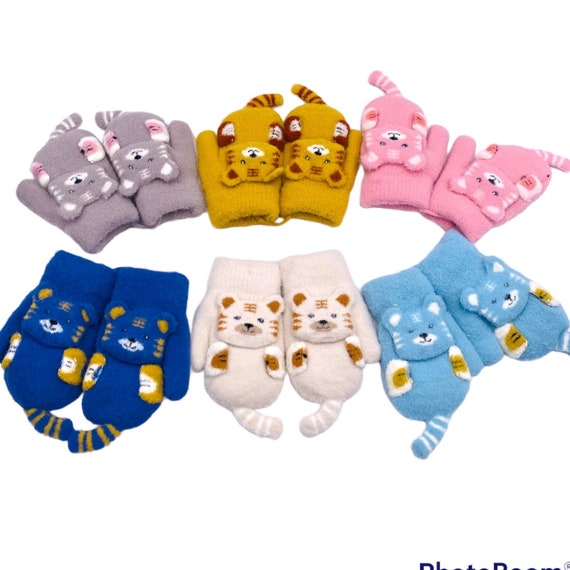 Gants d'hiver pour enfants avec ficelle, mitaines en tricot chat