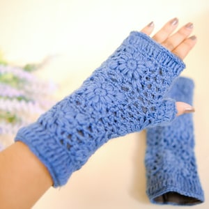 Handknit Crocheted Handwarmers/ Fingerless Gloves with Fleece Lining, Solid Color Wristwarmer, Winter Mittens, Knitted Flower Design, Mitts