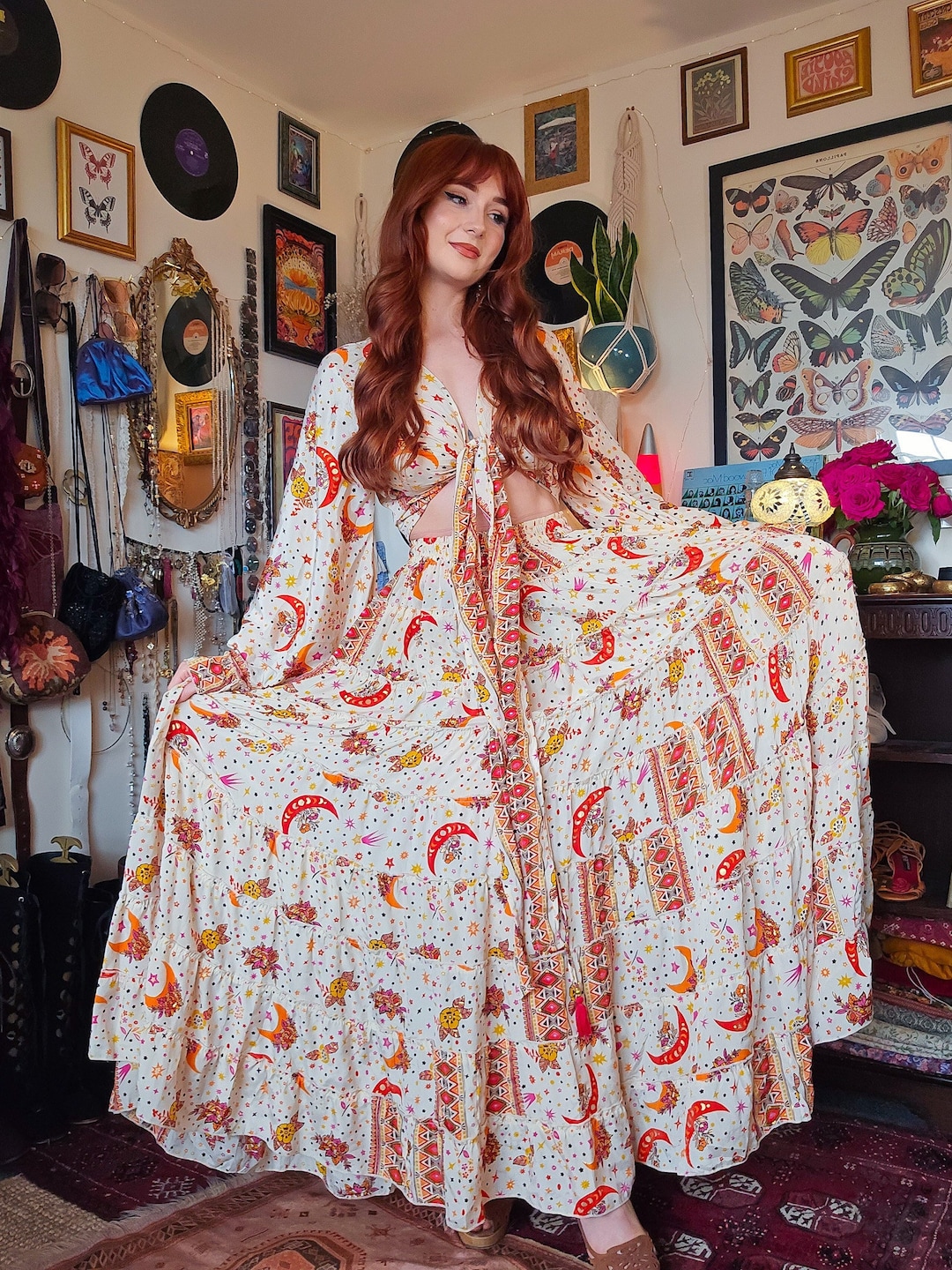 Flowy Tiered Skirt With Ruffle Top Boho Hippie Long Skirt Sets