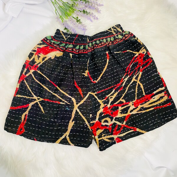 Women Summer Beach Shorts, Kantha Style Patchwork Pants, Vintage Hippie Shorts, Bohemian Cotton Shorts With Pockets, Handmade Beach Wear