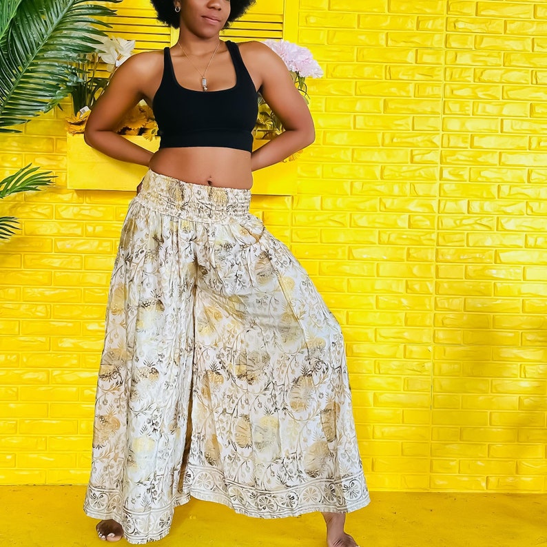 Silk Palazzo Pant, Wide leg Flower printed Palazzo Pant, Palazzo Trousers, Loung Pant, Loose Fit Pants, Handmade festival Pants, Flowy Pants Yellow