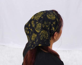 Cotton Headwraps, Mushroom Celestial Print Head Scarf, Square Boho Head Scarf, Bohemian Head Band, Stocking Stuffer, Hippie Goth Hair Wraps