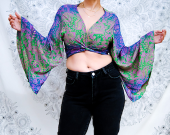 Paisley Bohemian Wrap Top,Boho Crop Top,3 Way Bell Sleeve Tie Top,Festival Fashion,Free Sprit ,Hippie Fairy Core,Plus Size, Retro Summer Top