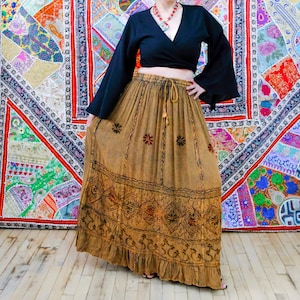 Flowy Tiered Pocket Cotton Summer Skirt, Hand Embroidery Flare Long Maxi Skirt, Boho Style, Batik Designs, Bohemian Earth Tone Color, Fairy Rust