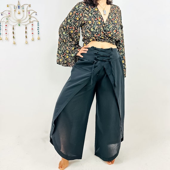 Nepali Cotton Solid Double Layer Palazzo Pants, Wide Leg Pants