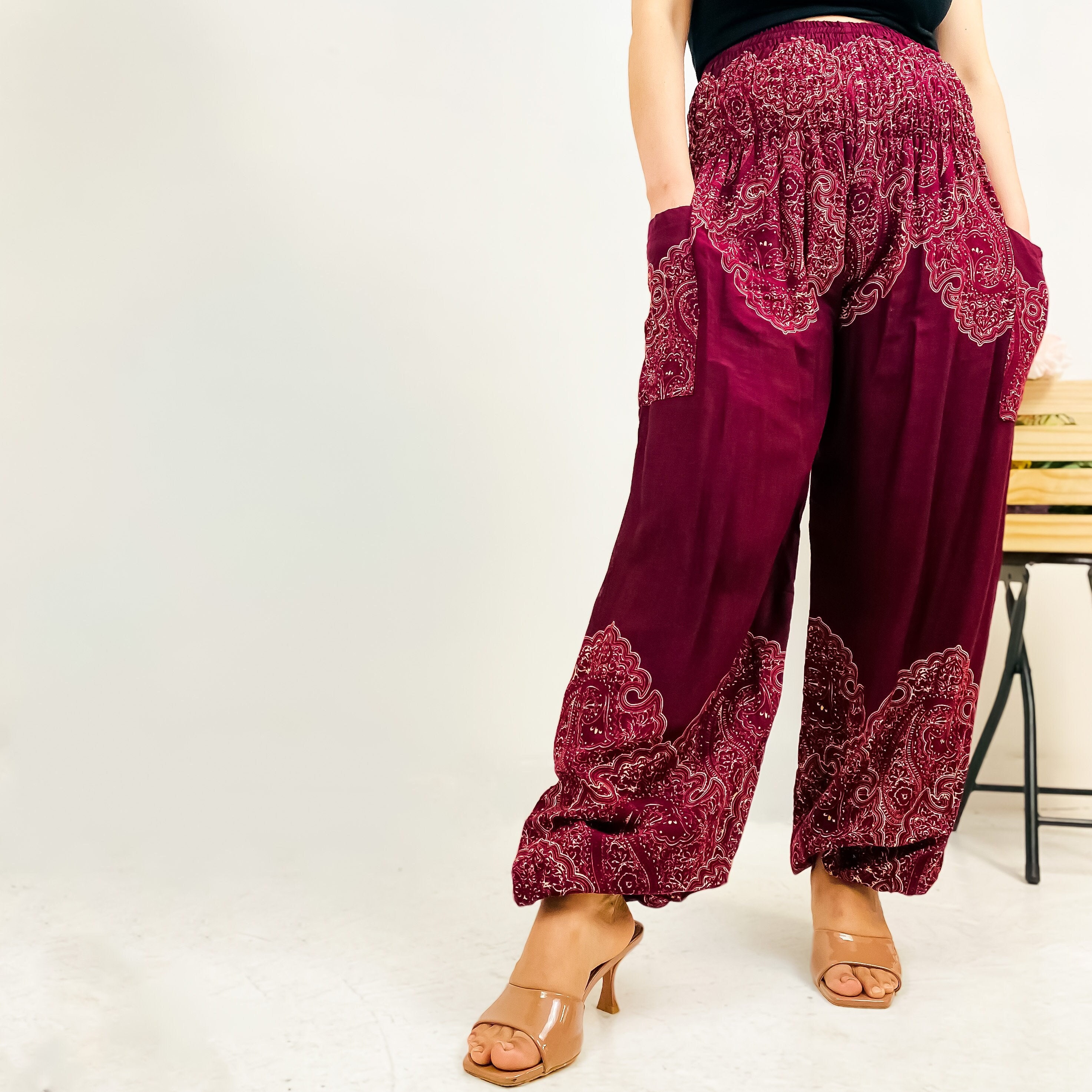 RED FLOWER MANDALA Harem Pants for Women Flowy Smocked Waist Yoga