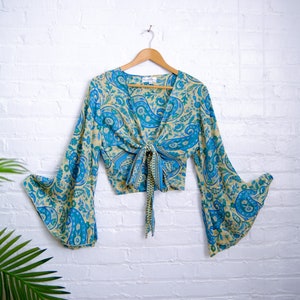Bell Sleeve  Tie Top, Bohemian Wrap Top, 3 Way  Tie Hippie Boho Blouse, Flare Sleeves, Paisley Print, 70s Top, Silk Retro Top Whimsical