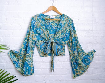 Bell Sleeve  Tie Top, Bohemian Wrap Top, 3 Way  Tie Hippie Boho Blouse, Flare Sleeves, Paisley Print, 70s Top, Silk Retro Top Whimsical